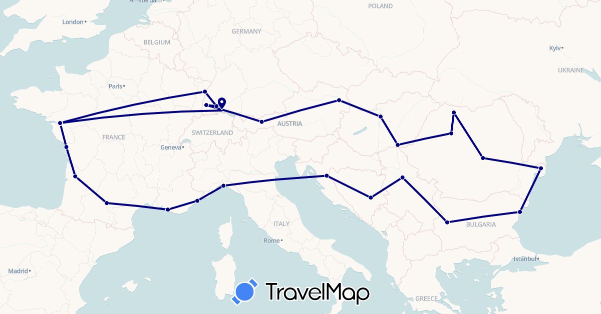 TravelMap itinerary: driving in Austria, Bosnia and Herzegovina, Bulgaria, Germany, France, Croatia, Hungary, Italy, Romania, Serbia (Europe)